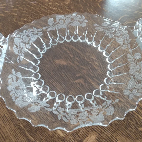Vintage Floral Etched Round and Flared Handled Glass Serving Dishes/Bowls - Picture 7 of 9